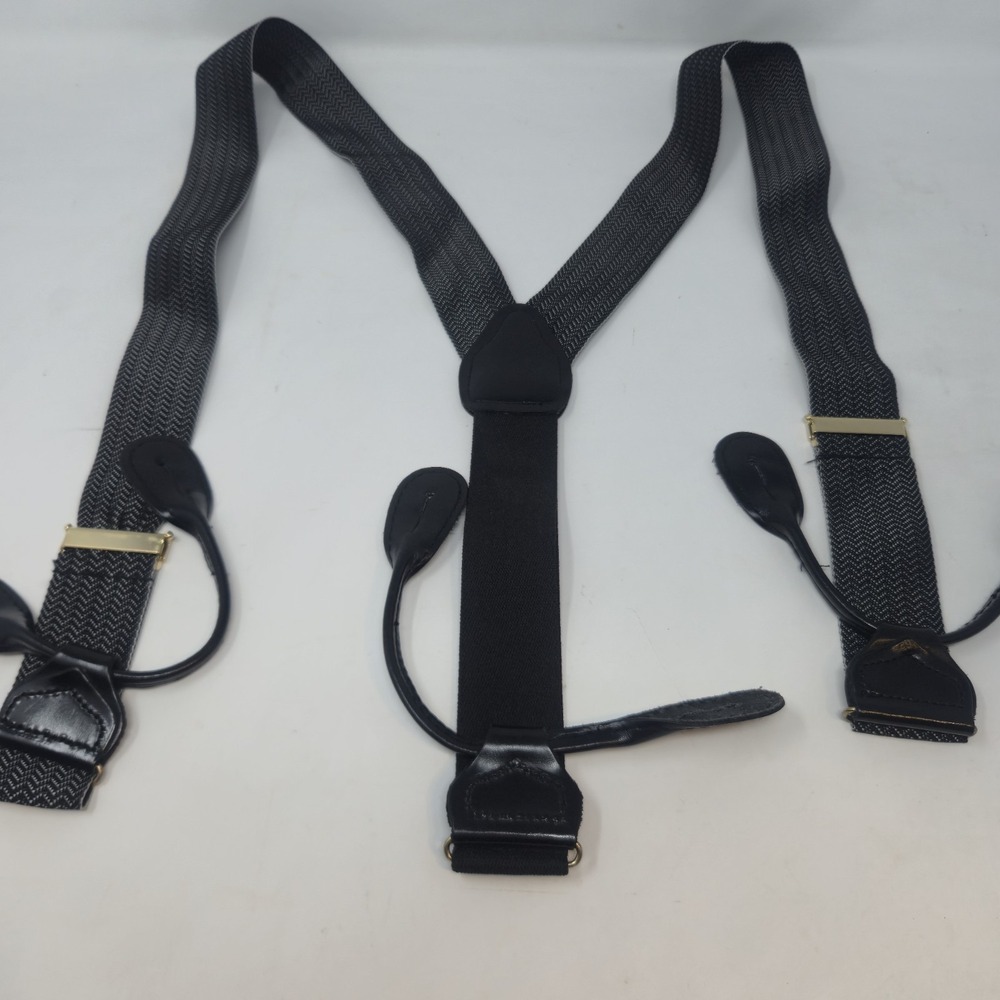 Men's Herringbone Button-On Suspenders Braces Black White Y-Back Leather Ends - Picture 7 of 13